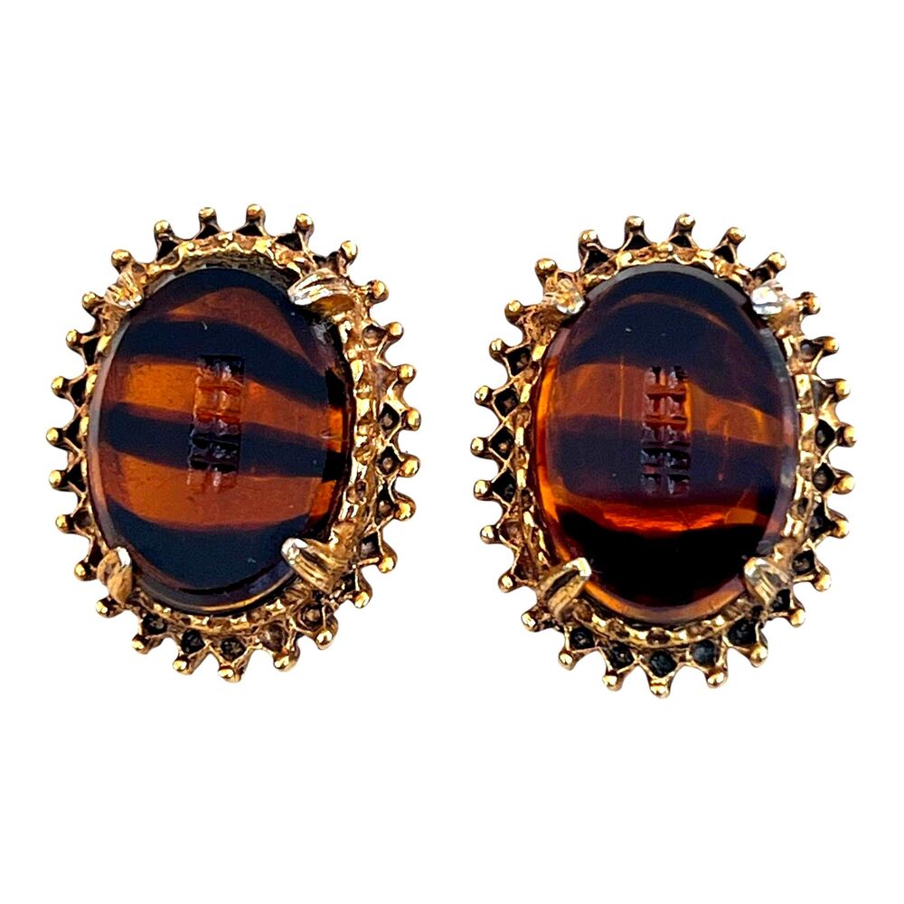 Vintage 1960s Florenza Clip Earrings Etched Amber Glass Oval - 1C